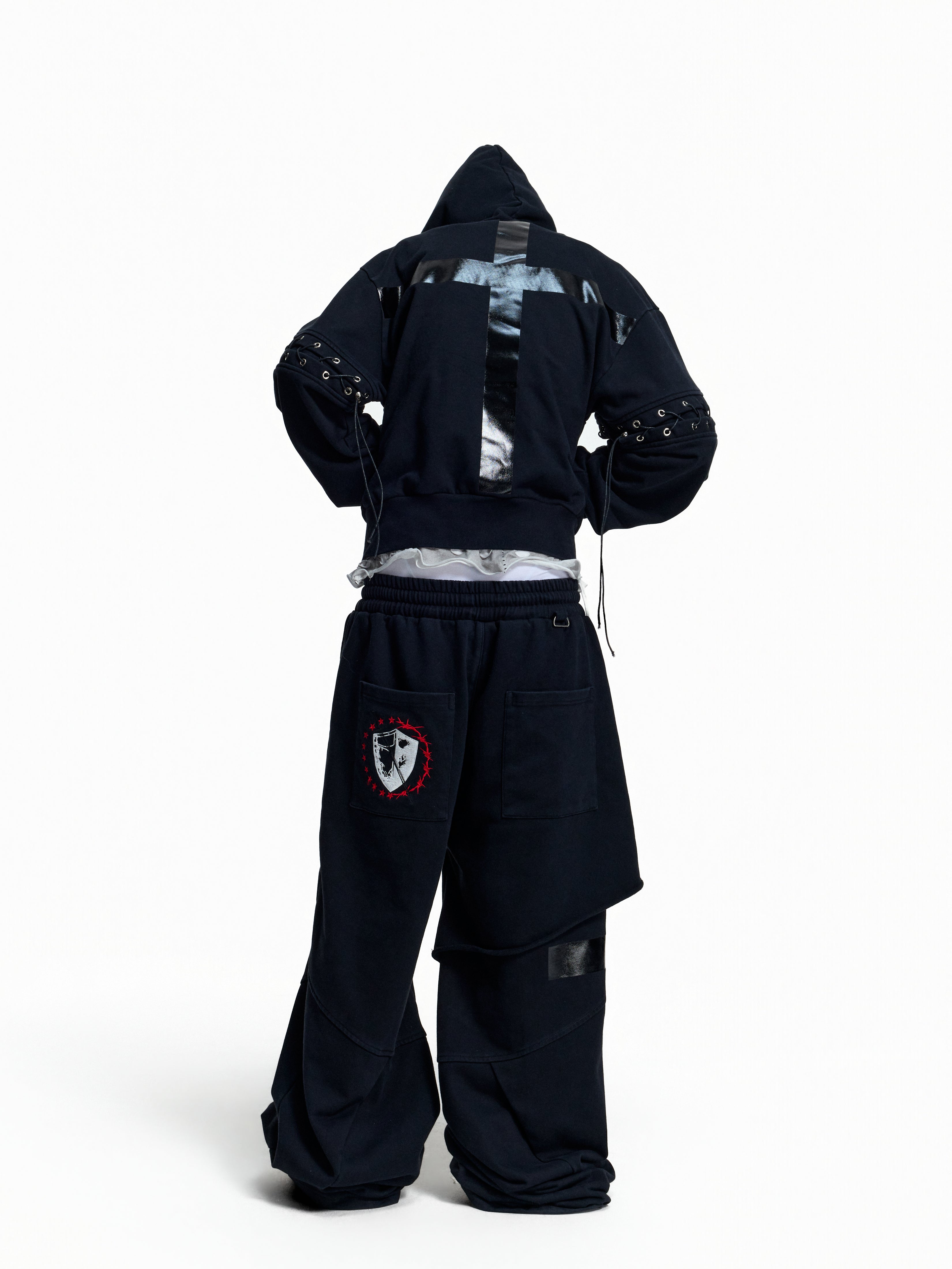 Flyerrer Punk Cropped Wax‑Cord Strap‑Sleeve Zip‑Up Hoodie  FR377