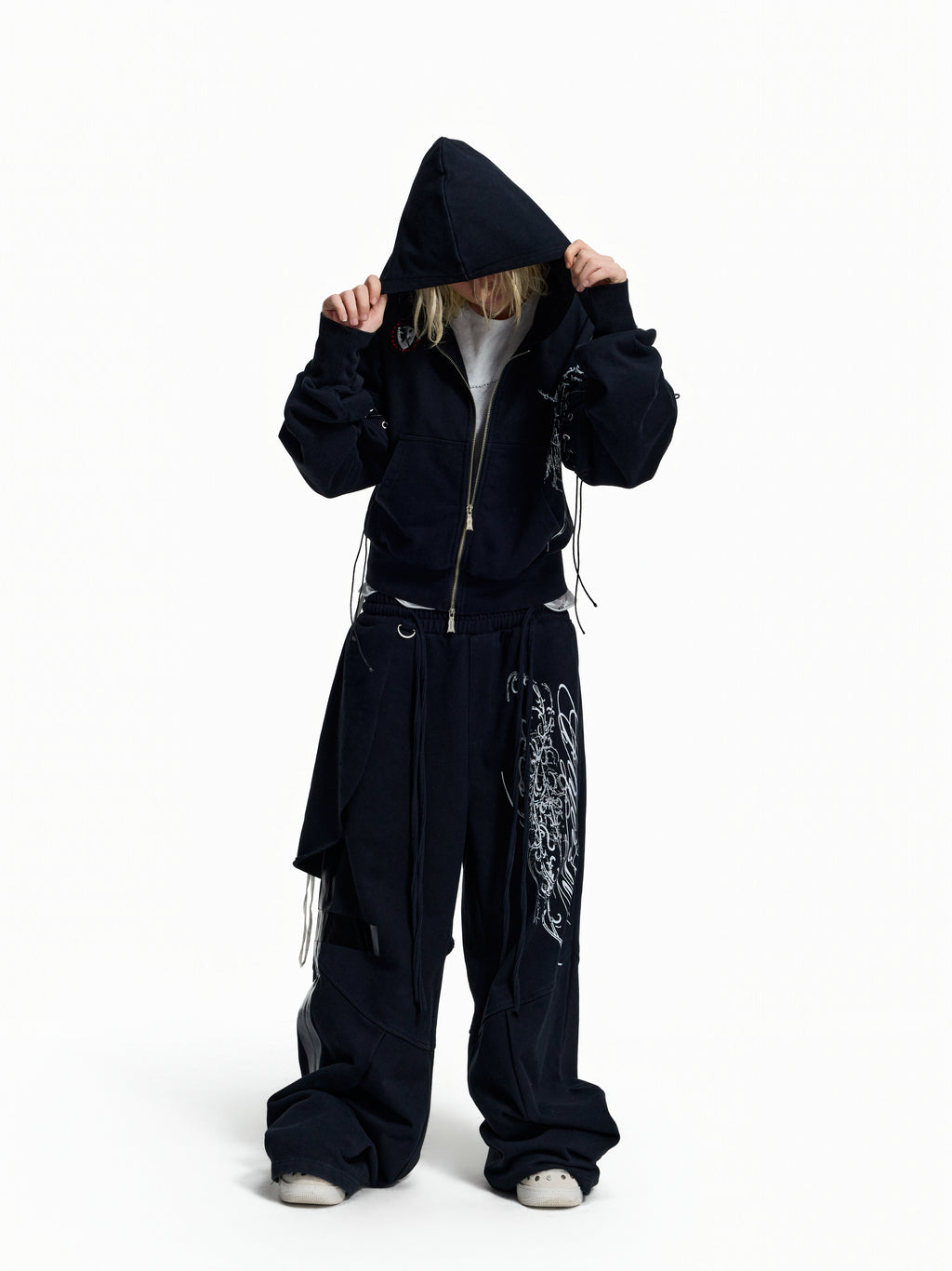 Flyerrer Punk Cropped Wax‑Cord Strap‑Sleeve Zip‑Up Hoodie  FR377