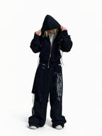 Flyerrer Punk Cropped Wax‑Cord Strap‑Sleeve Zip‑Up Hoodie  FR377