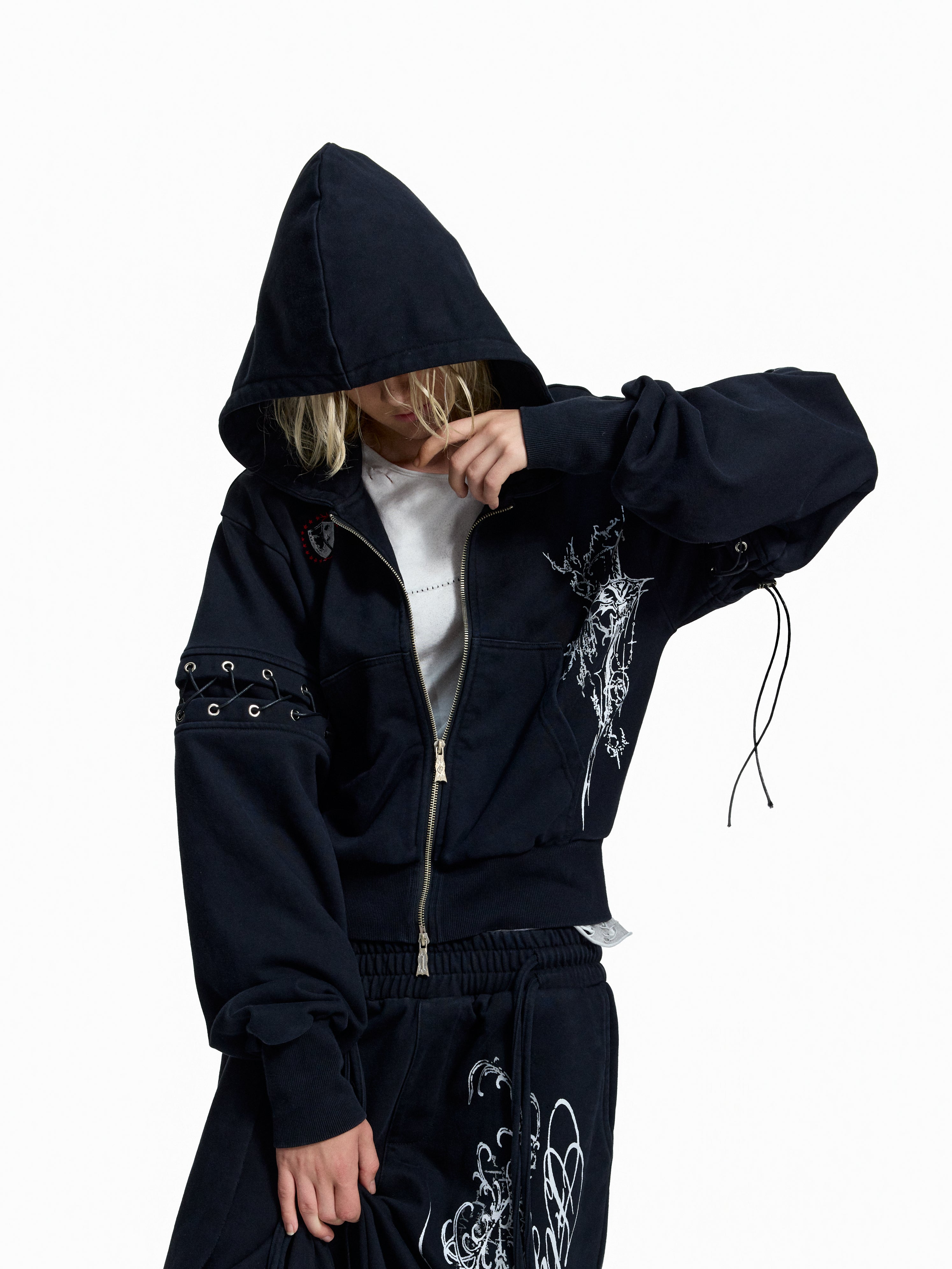 Flyerrer Punk Cropped Wax‑Cord Strap‑Sleeve Zip‑Up Hoodie  FR377