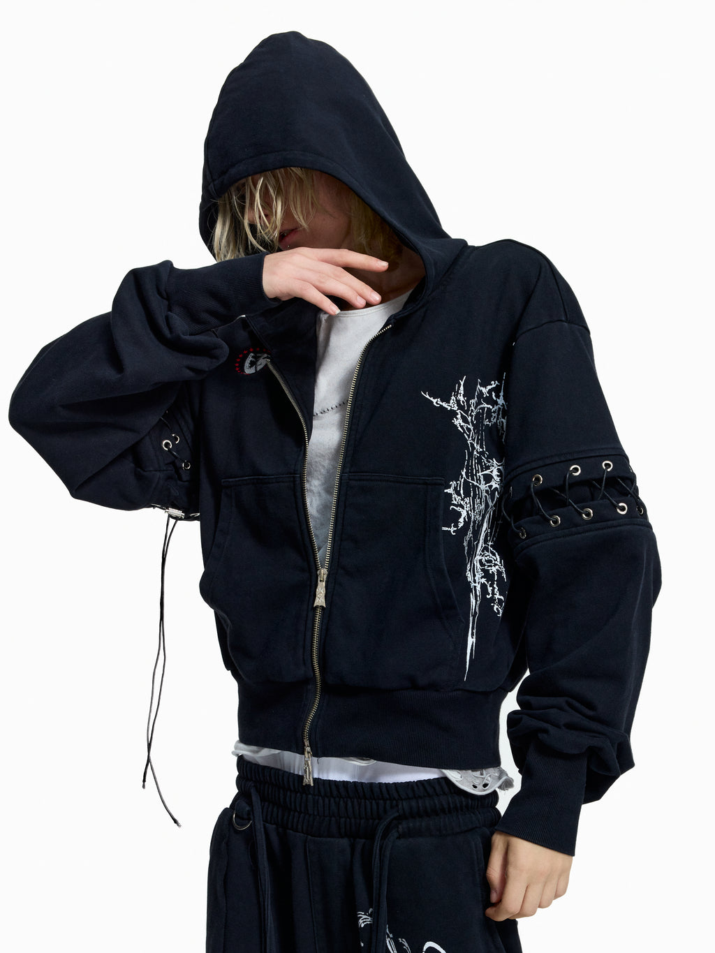 Flyerrer Punk Cropped Wax‑Cord Strap‑Sleeve Zip‑Up Hoodie  FR377