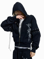Flyerrer Punk Cropped Wax‑Cord Strap‑Sleeve Zip‑Up Hoodie  FR377