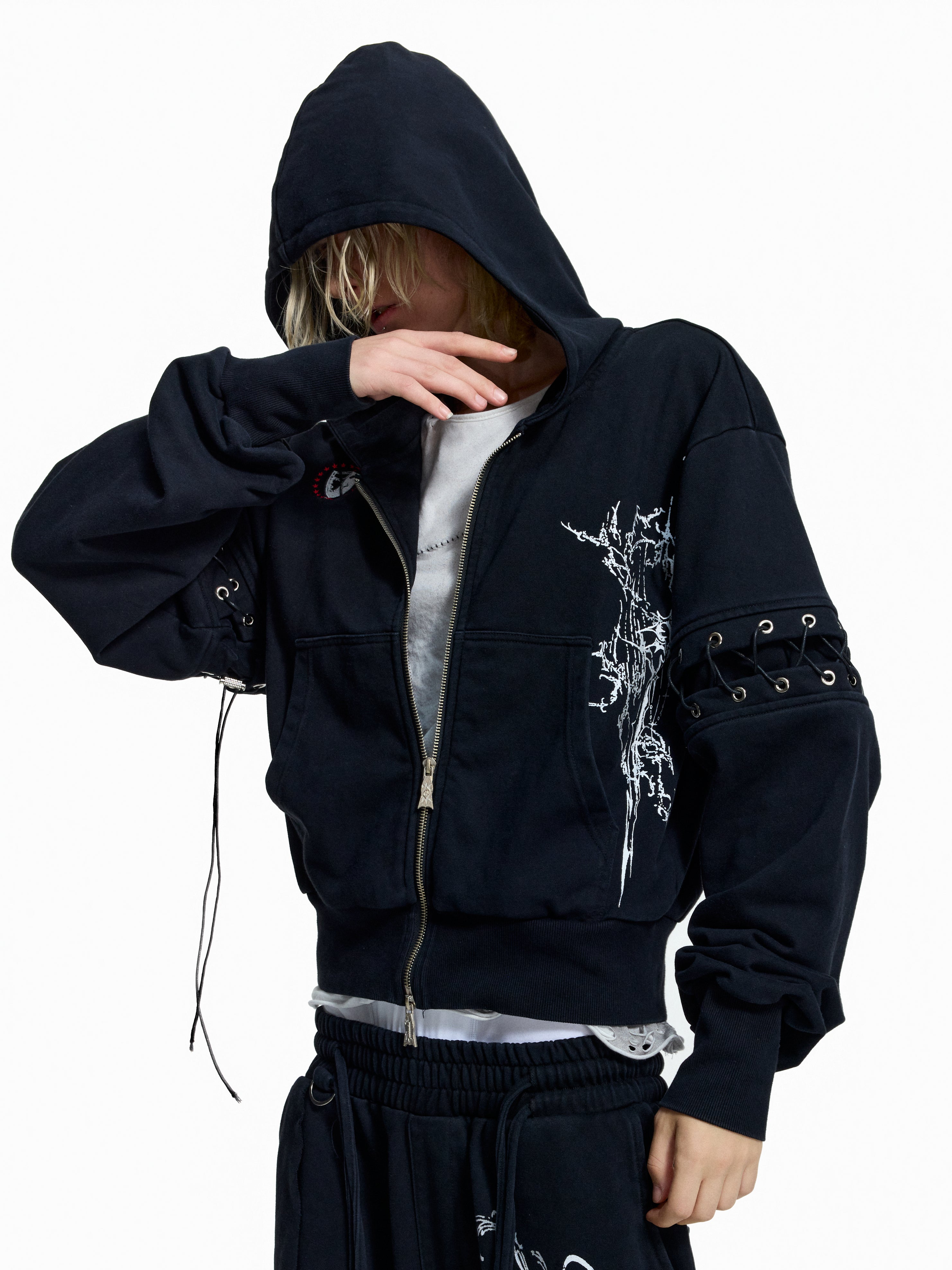 Flyerrer Punk Cropped Wax‑Cord Strap‑Sleeve Zip‑Up Hoodie  FR377