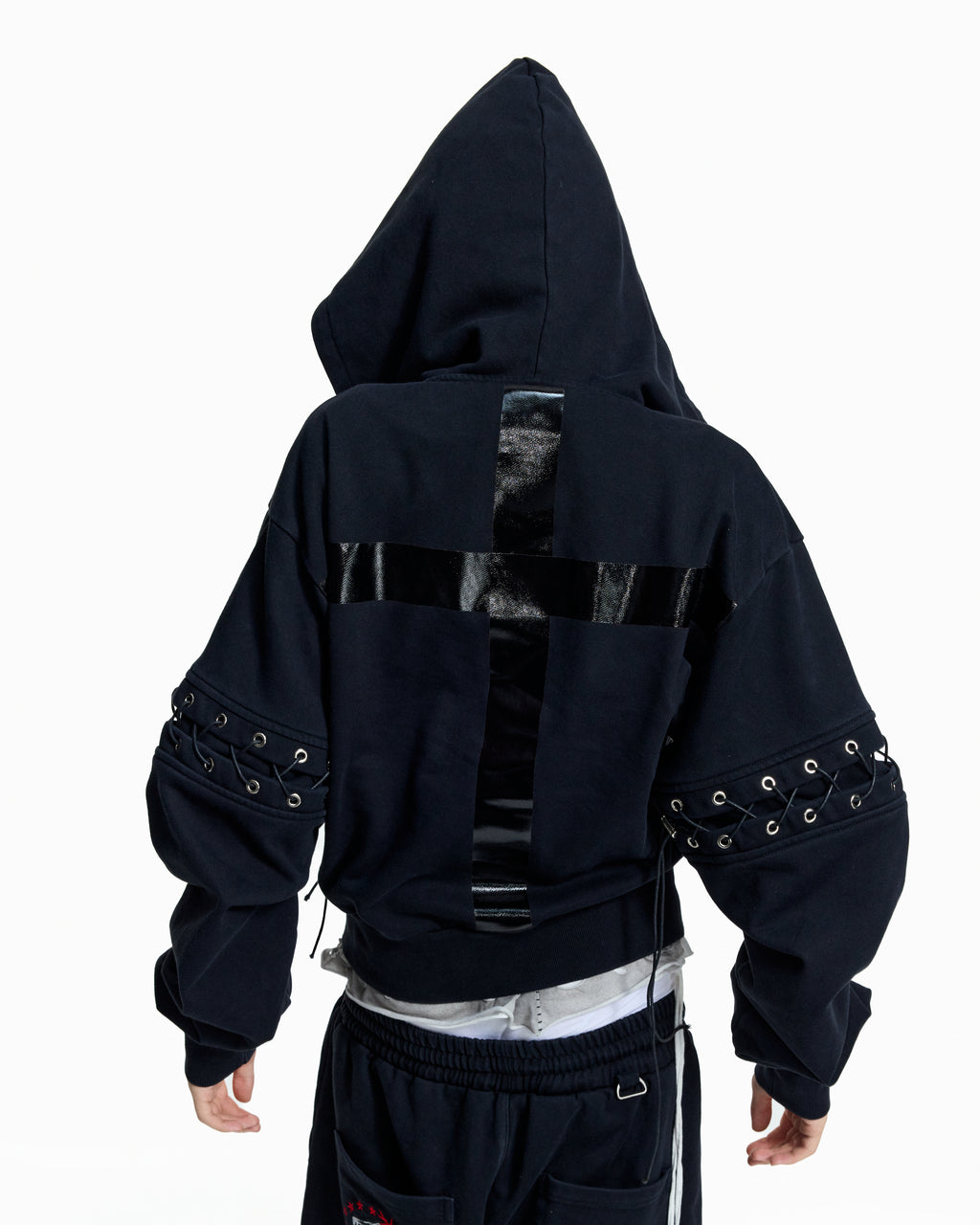 Flyerrer Punk Cropped Wax‑Cord Strap‑Sleeve Zip‑Up Hoodie  FR377