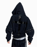 Flyerrer Punk Cropped Wax‑Cord Strap‑Sleeve Zip‑Up Hoodie  FR377