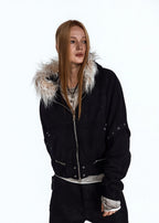 Flyerrer 25AW Asymmetric Distressed Short Hooded Cotton Jacket w/ Removable Fur Collar FR312