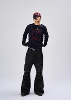 Flyerrer 25AW Black & Red Irregular Patchwork Tassel Embroidered Knit Layering Top FR284
