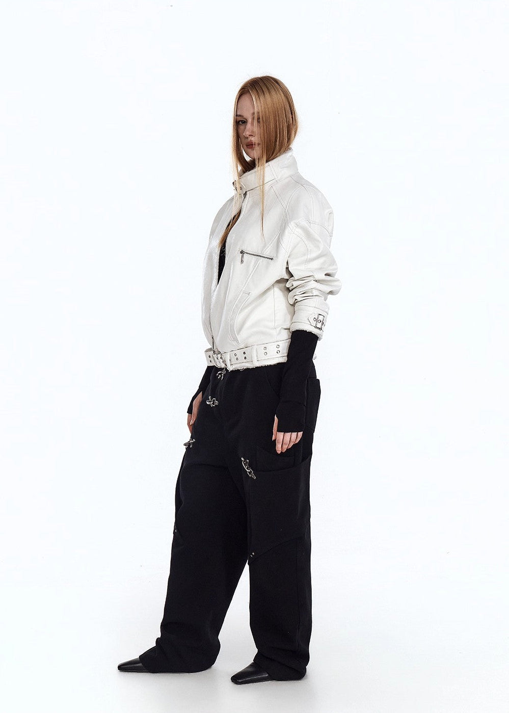 Flyerrer 25AW Niche Stiff Textured White Leather Jacket with Patchwork Fur Collar FR315