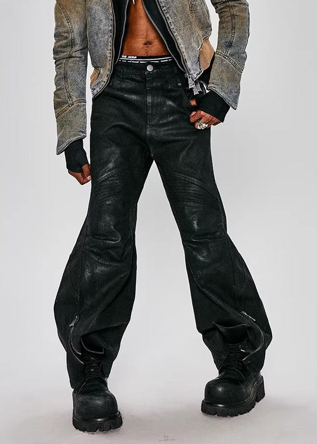 FLYERRER 25SS American Vintage Black Distressed Waxed Loose Curved Leg Jeans FR255
