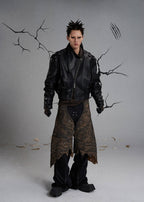 FLYERRER diagonal zipper stand up collar short leather jacket FR218