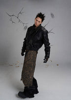 FLYERRER diagonal zipper stand up collar short leather jacket FR218