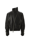 FLYERRER diagonal zipper stand up collar short leather jacket FR218