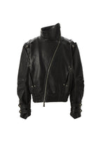 FLYERRER diagonal zipper stand up collar short leather jacket FR218