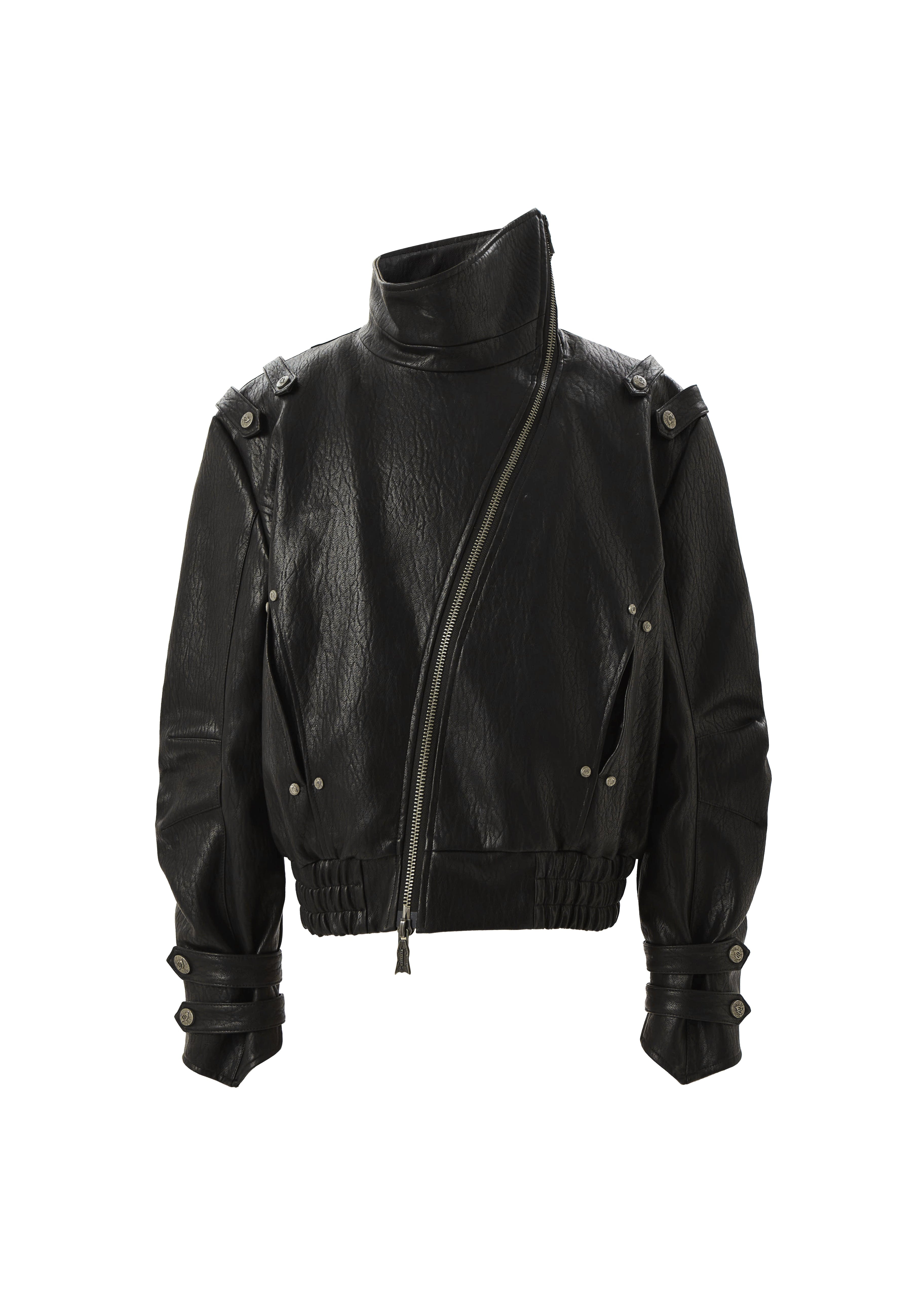 FLYERRER diagonal zipper stand up collar short leather jacket FR218