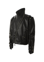 FLYERRER diagonal zipper stand up collar short leather jacket FR218