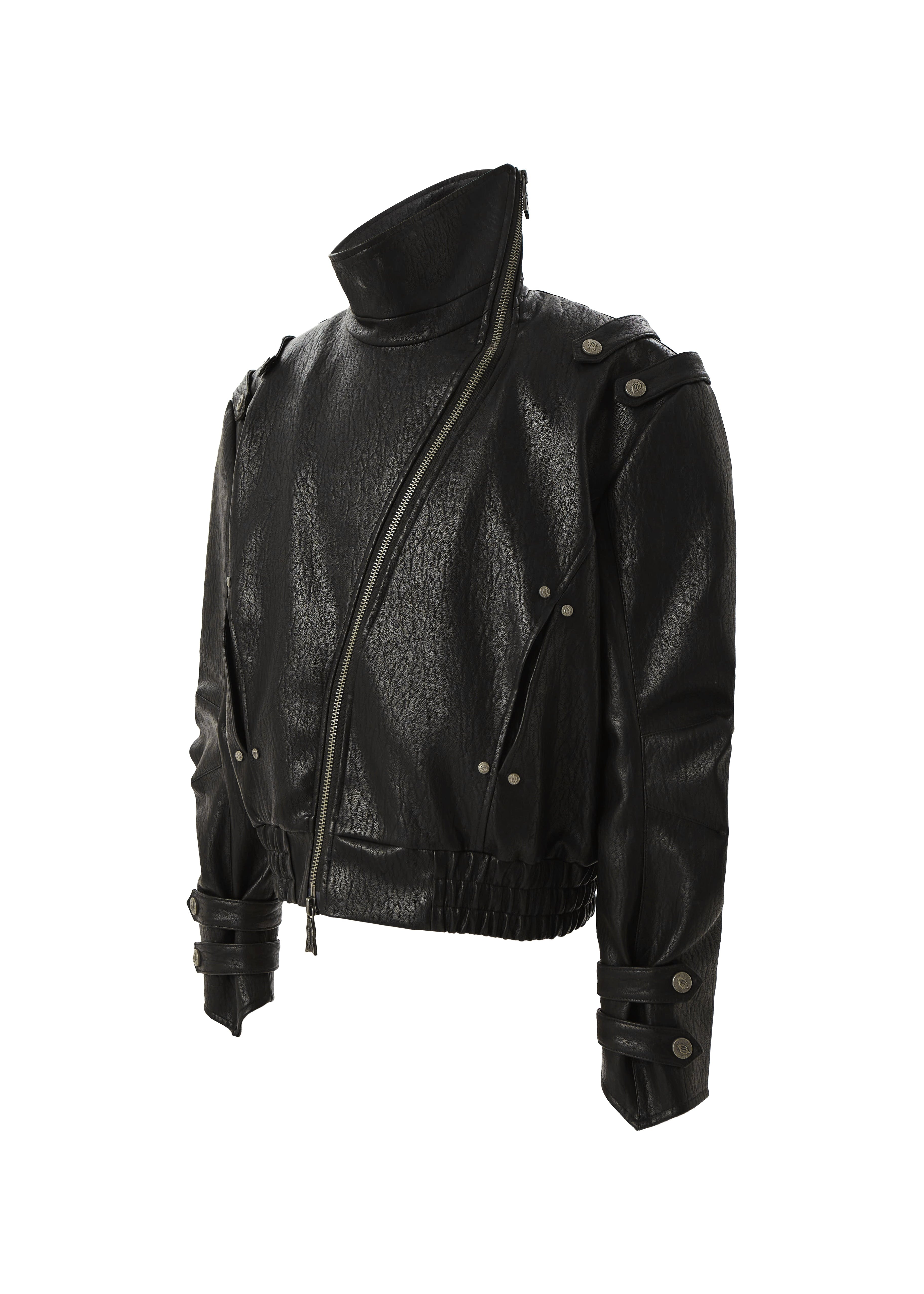 FLYERRER diagonal zipper stand up collar short leather jacket FR218