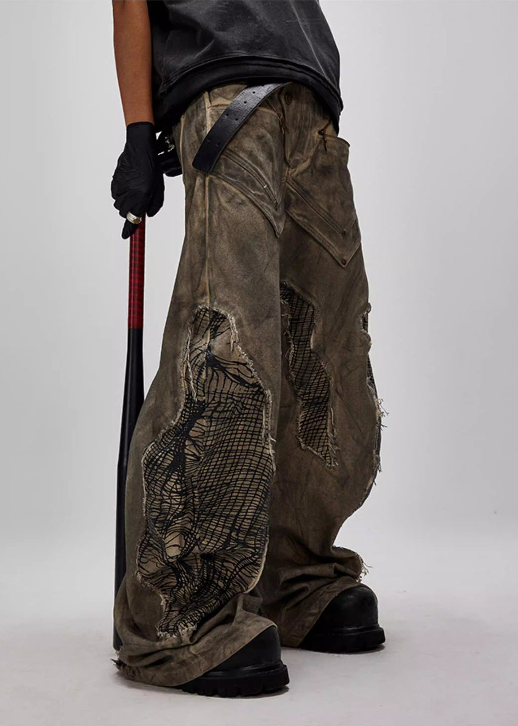 FLYERRER 24AW Original "Mutation" Series Irregular Ripped Patchwork Curved Leg Pants FR213