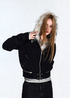 Flyerrer 25AW Asymmetric Distressed Short Hooded Cotton Jacket w/ Removable Fur Collar FR312