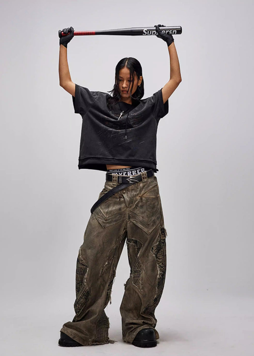 FLYERRER 24AW Original "Mutation" Series Irregular Ripped Patchwork Curved Leg Pants FR213