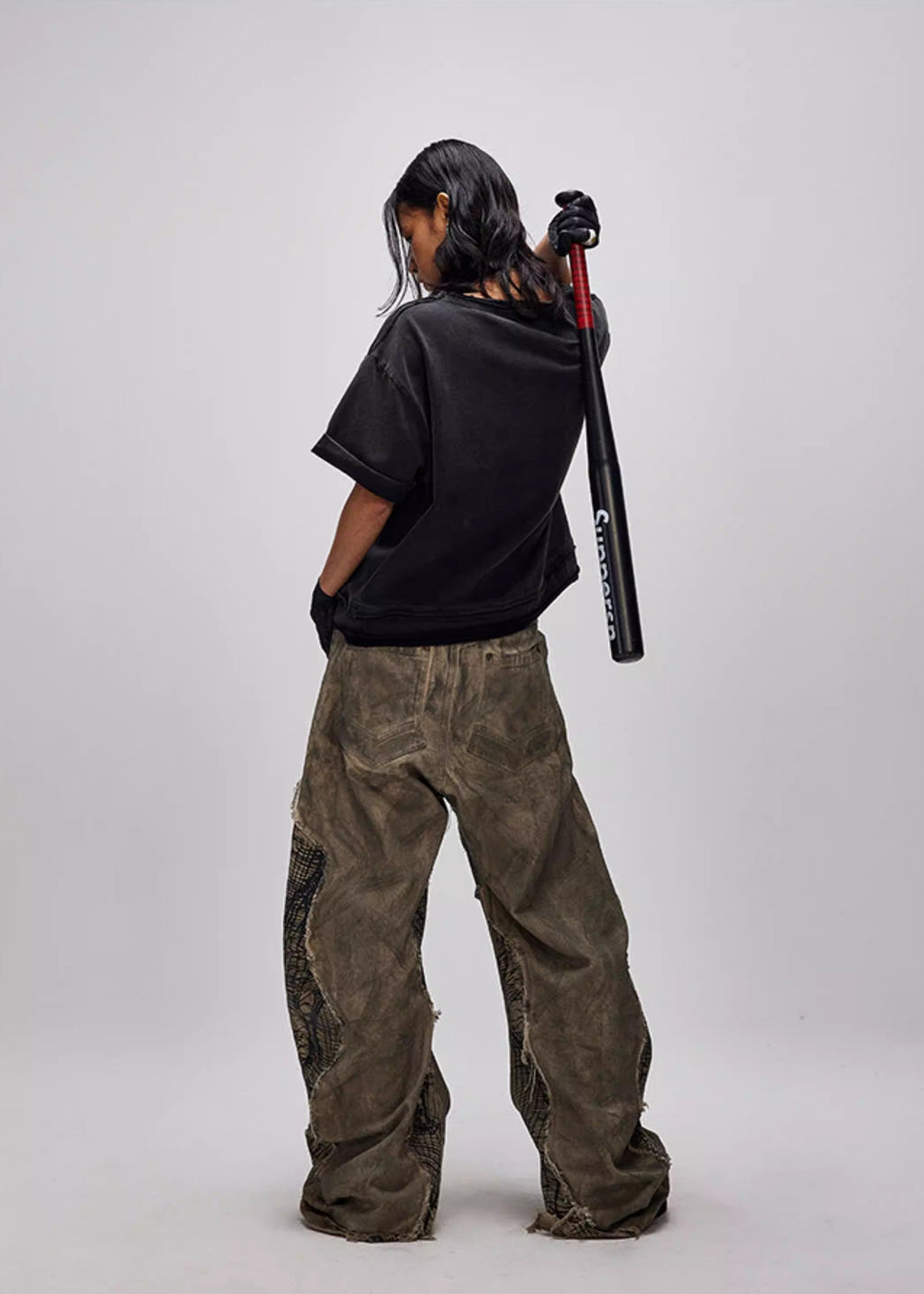 FLYERRER 24AW Original "Mutation" Series Irregular Ripped Patchwork Curved Leg Pants FR213