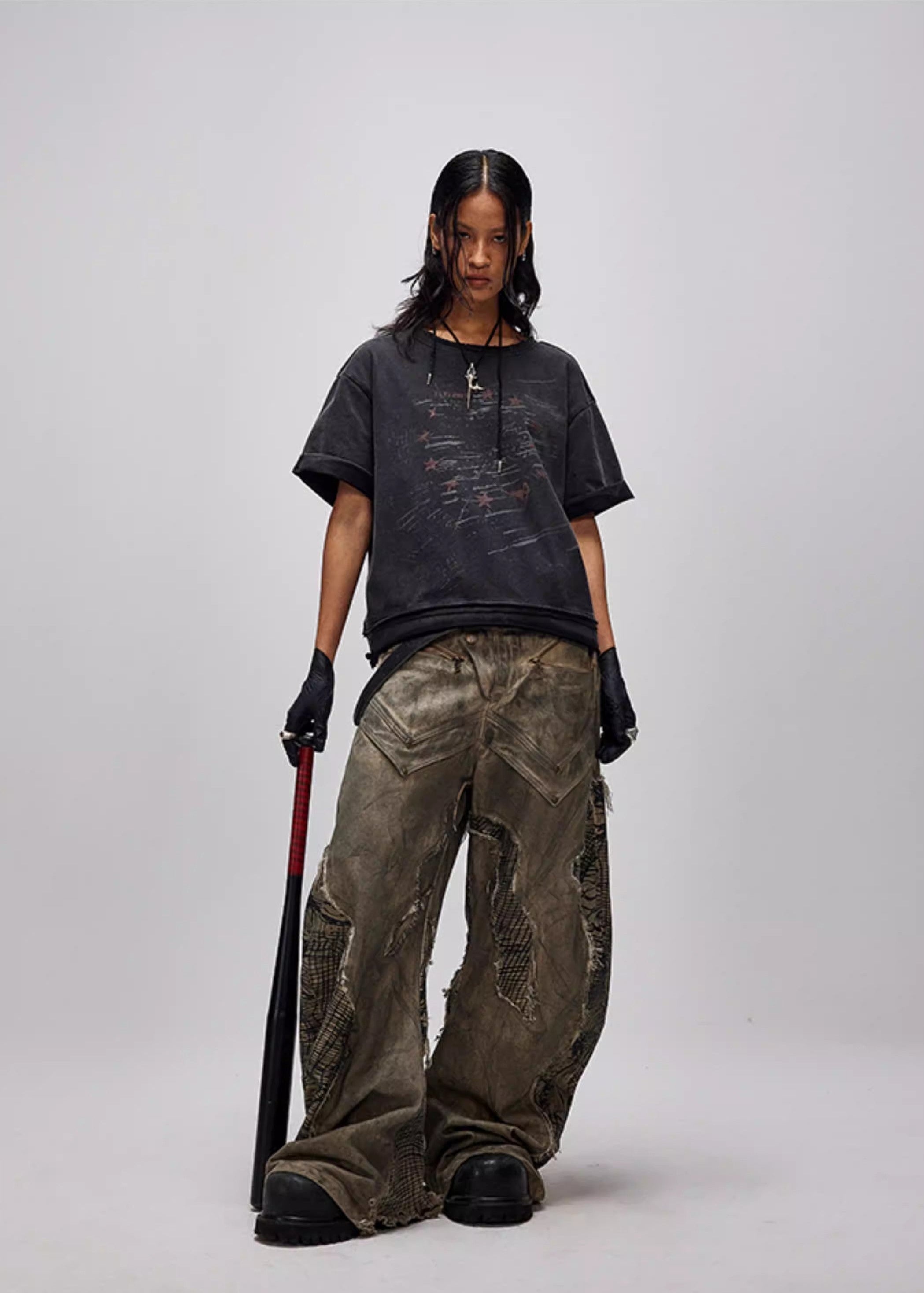 FLYERRER 24AW Original "Mutation" Series Irregular Ripped Patchwork Curved Leg Pants FR213
