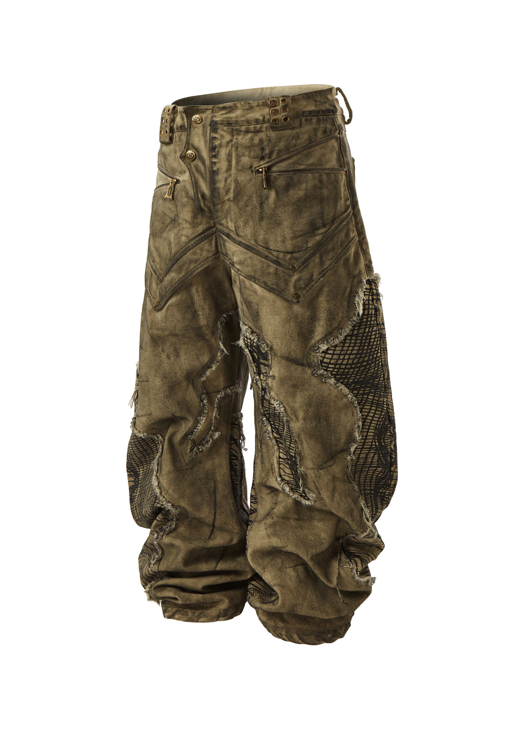 FLYERRER 24AW Original "Mutation" Series Irregular Ripped Patchwork Curved Leg Pants FR213