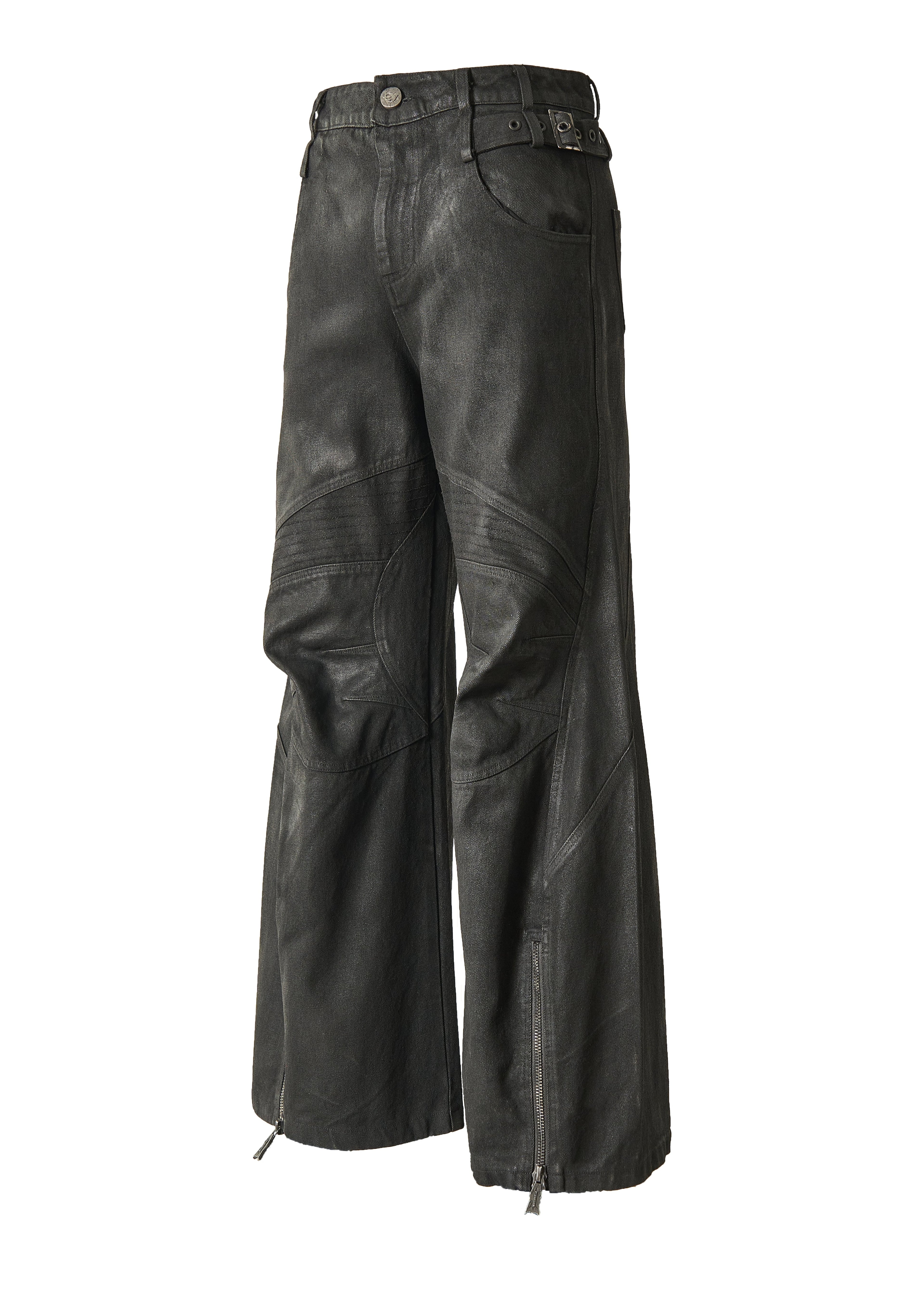 FLYERRER 25SS American Vintage Black Distressed Waxed Loose Curved Leg Jeans FR255