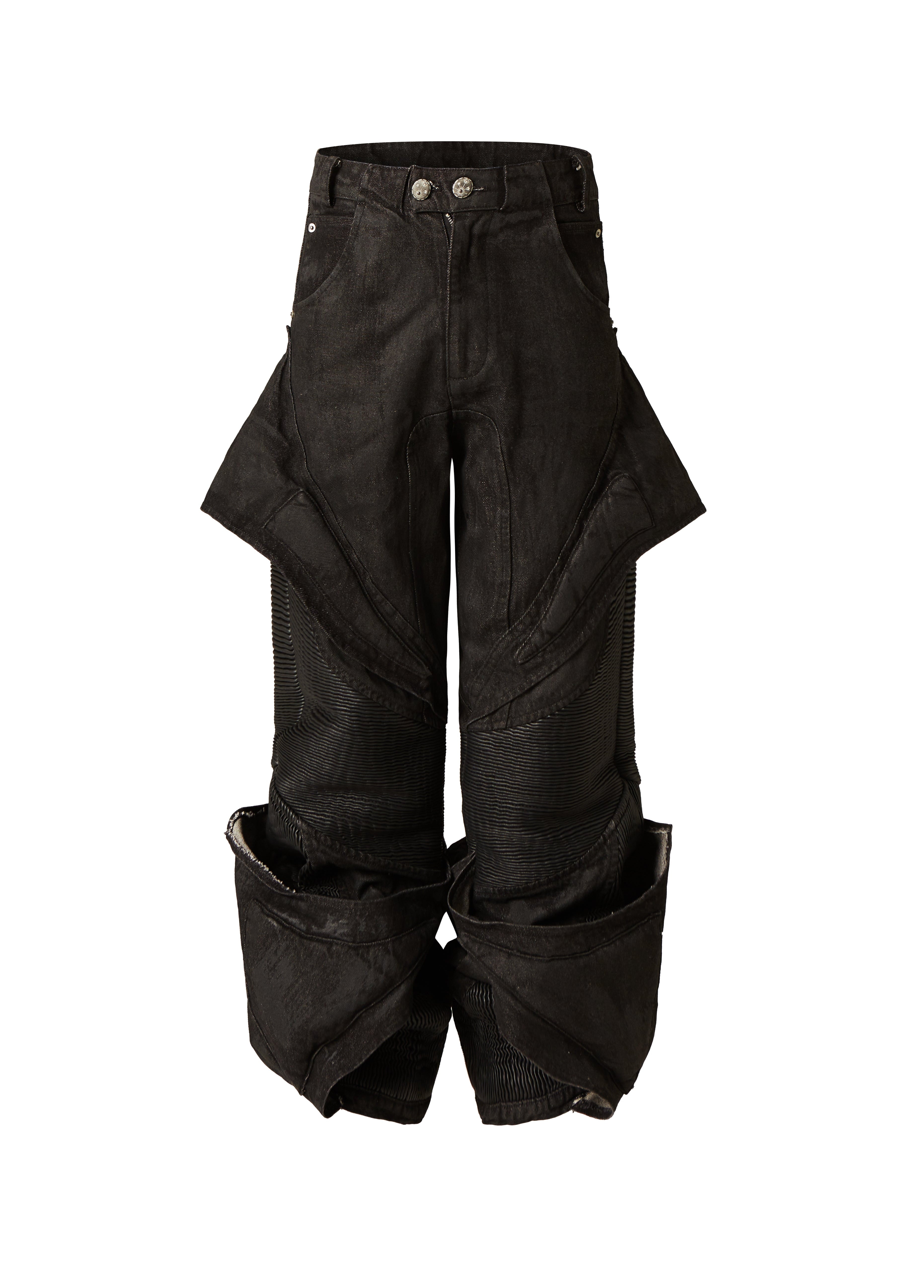 FLYERRER 24AW denim patchwork coated oil wax pants FR209