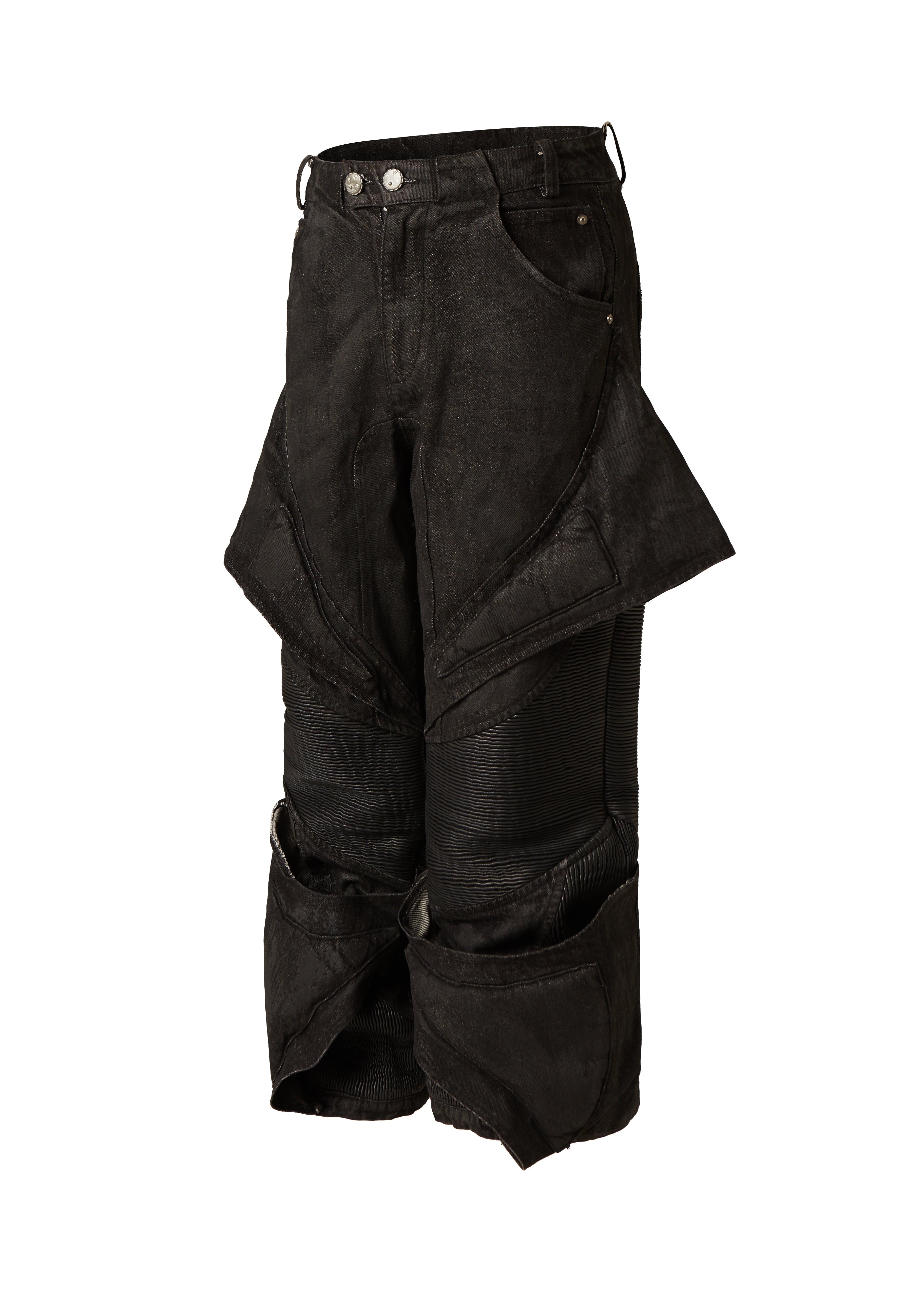 FLYERRER 24AW denim patchwork coated oil wax pants FR209