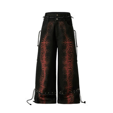Flyerrer 25AW High-End Black & Red Snake Print Distressed Washed Loose-Fit Jeans