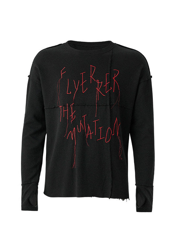 Flyerrer 25AW Black & Red Irregular Patchwork Tassel Embroidered Knit Layering Top FR284