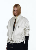 Flyerrer 25AW Niche Stiff Textured White Leather Jacket with Patchwork Fur Collar FR315