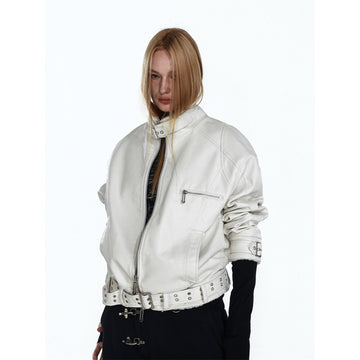 Flyerrer 25AW Niche Stiff Textured White Leather Jacket with Patchwork Fur Collar