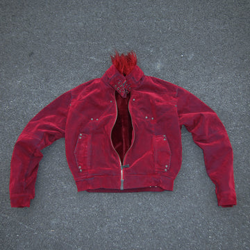 Flyerrer 25AW "Red Lips" American Vintage Distressed Denim Jacket w/ Patchwork Fur Collar