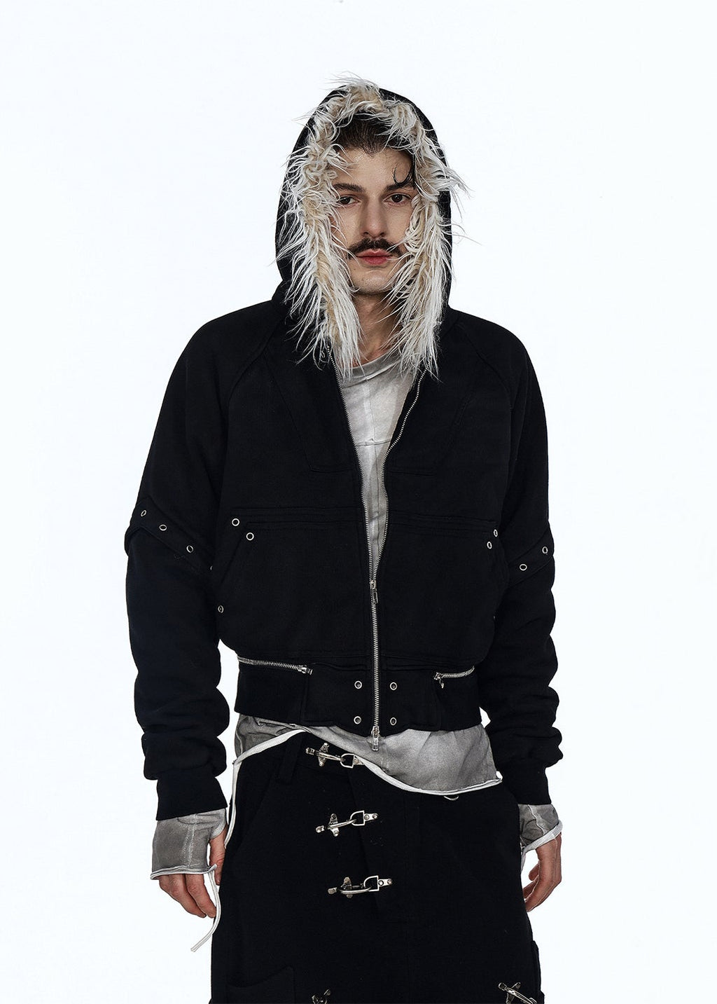 Flyerrer 25AW Asymmetric Distressed Short Hooded Cotton Jacket w/ Removable Fur Collar FR312