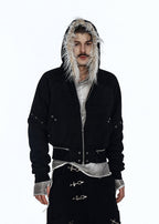 Flyerrer 25AW Asymmetric Distressed Short Hooded Cotton Jacket w/ Removable Fur Collar FR312
