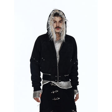 Flyerrer 25AW Asymmetric Distressed Short Hooded Cotton Jacket w/ Removable Fur Collar