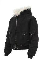 Flyerrer 25AW Asymmetric Distressed Short Hooded Cotton Jacket w/ Removable Fur Collar FR312