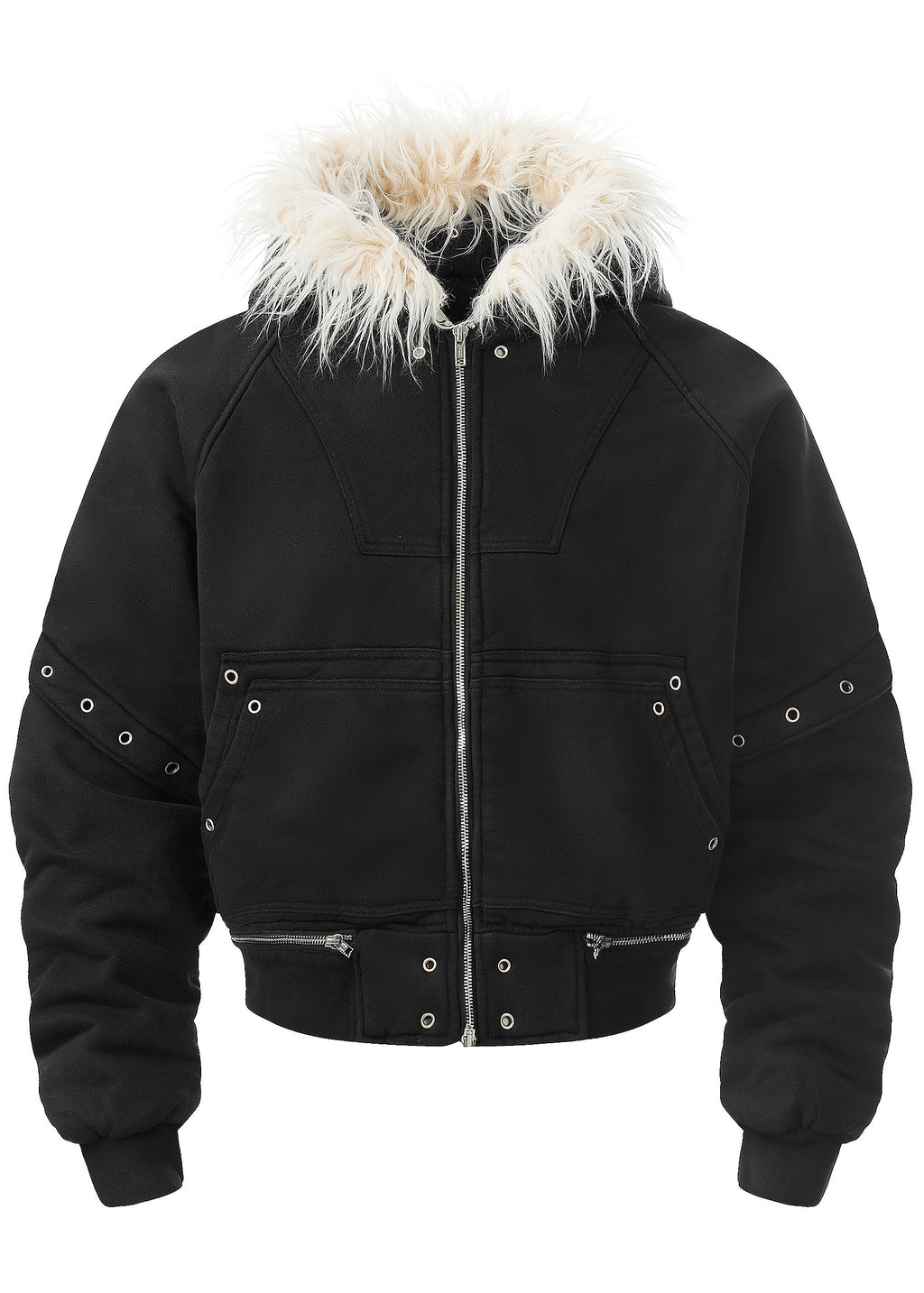 Flyerrer 25AW Asymmetric Distressed Short Hooded Cotton Jacket w/ Removable Fur Collar FR312