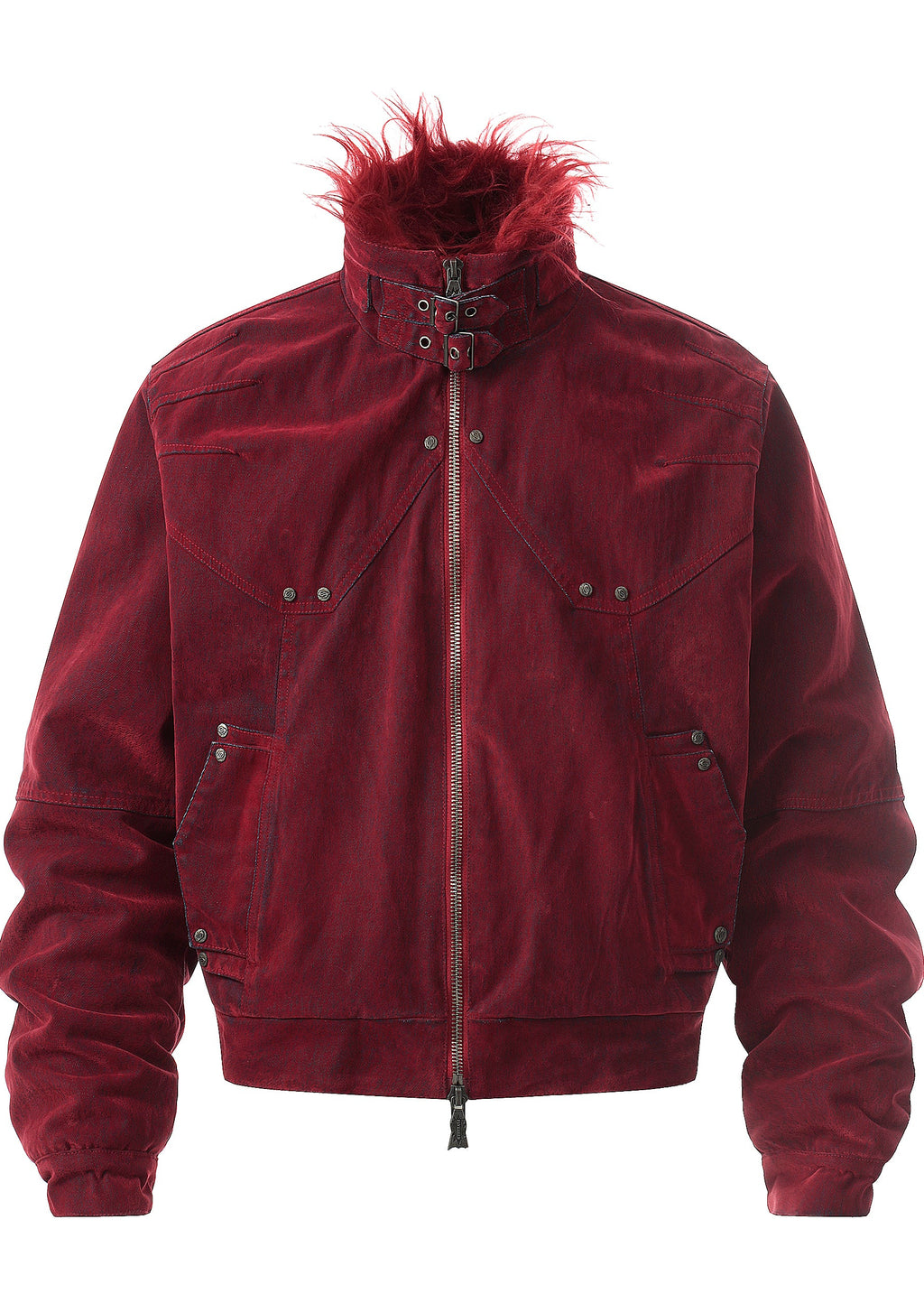 Flyerrer 25AW "Red Lips" American Vintage Distressed Denim Jacket w/ Patchwork Fur Collar FR314