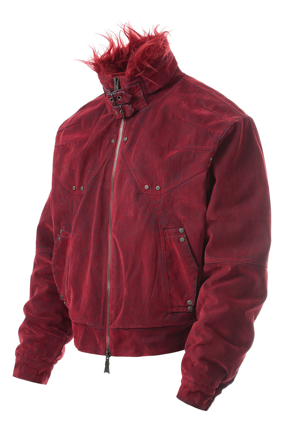 Flyerrer 25AW "Red Lips" American Vintage Distressed Denim Jacket w/ Patchwork Fur Collar FR314