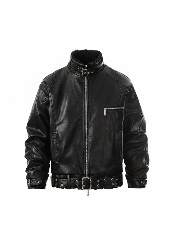 Flyerrer 25AW Niche Stiff Textured White Leather Jacket with Patchwork Fur Collar FR315