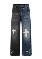 FLYERRER Vintage Cross Print Wide Leg Jeans, Washed Loose Denim Pants FR345