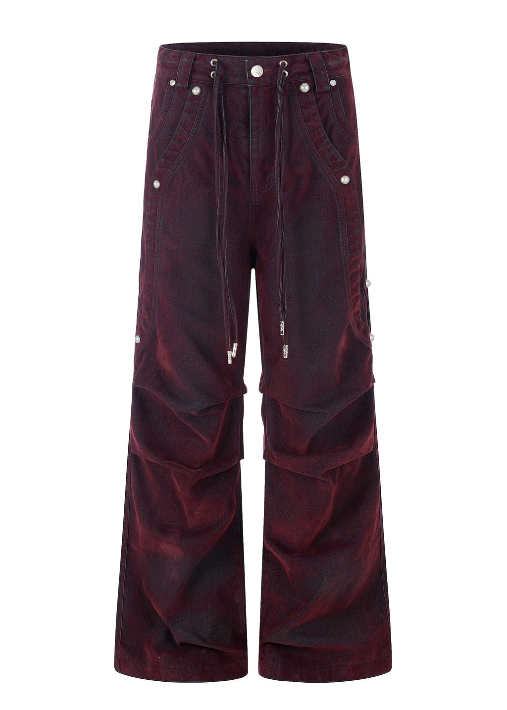 Flyerrer Vintage Washed Red Denim, Twin Flocked Structural Design Wide Leg Casual Pants FR343