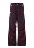 Flyerrer Vintage Washed Red Denim, Twin Flocked Structural Design Wide Leg Casual Pants FR343