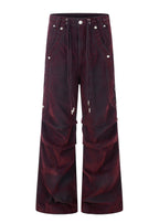 Flyerrer Vintage Washed Red Denim, Twin Flocked Structural Design Wide Leg Casual Pants FR343