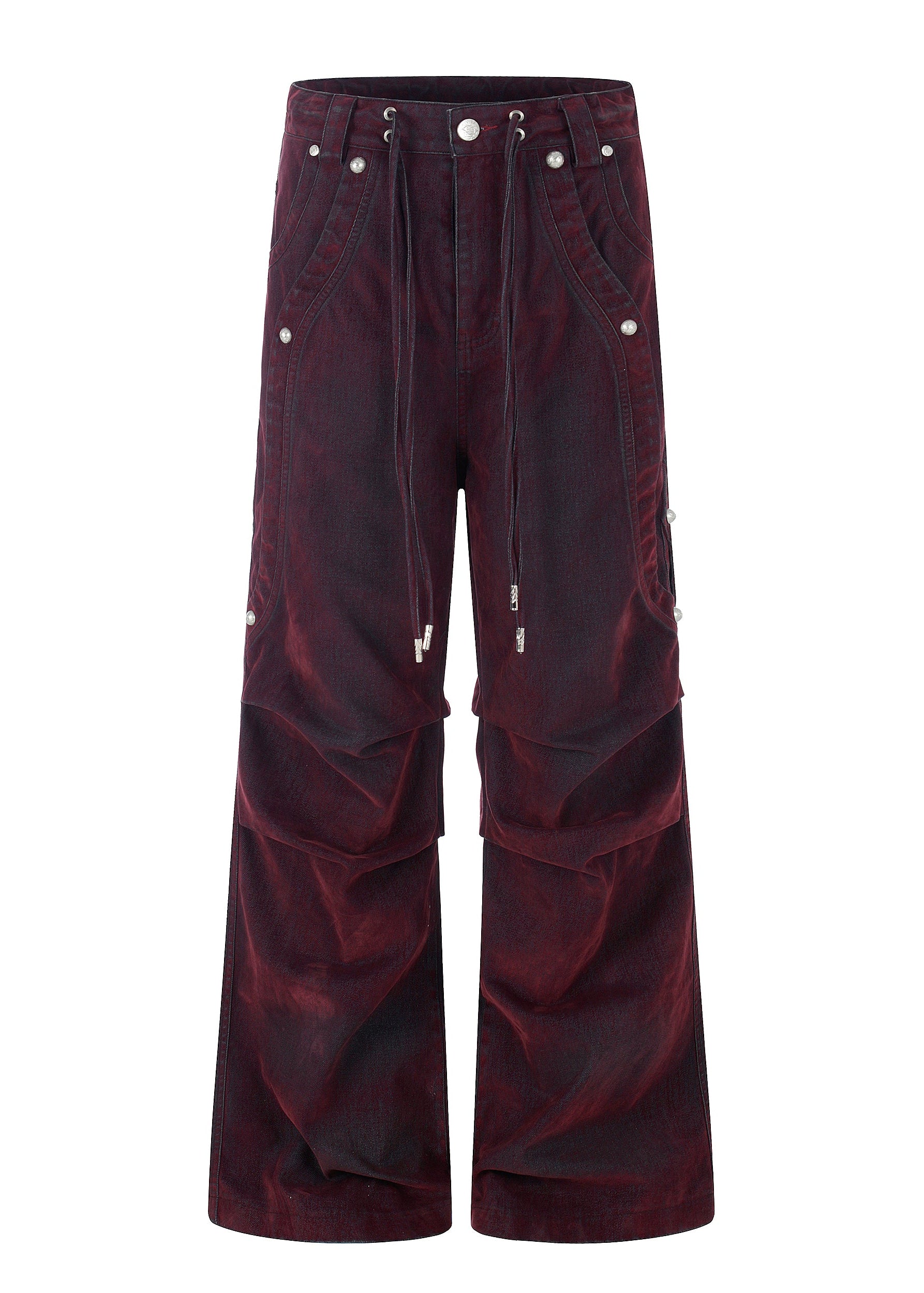 Flyerrer Vintage Washed Red Denim, Twin Flocked Structural Design Wide Leg Casual Pants FR343