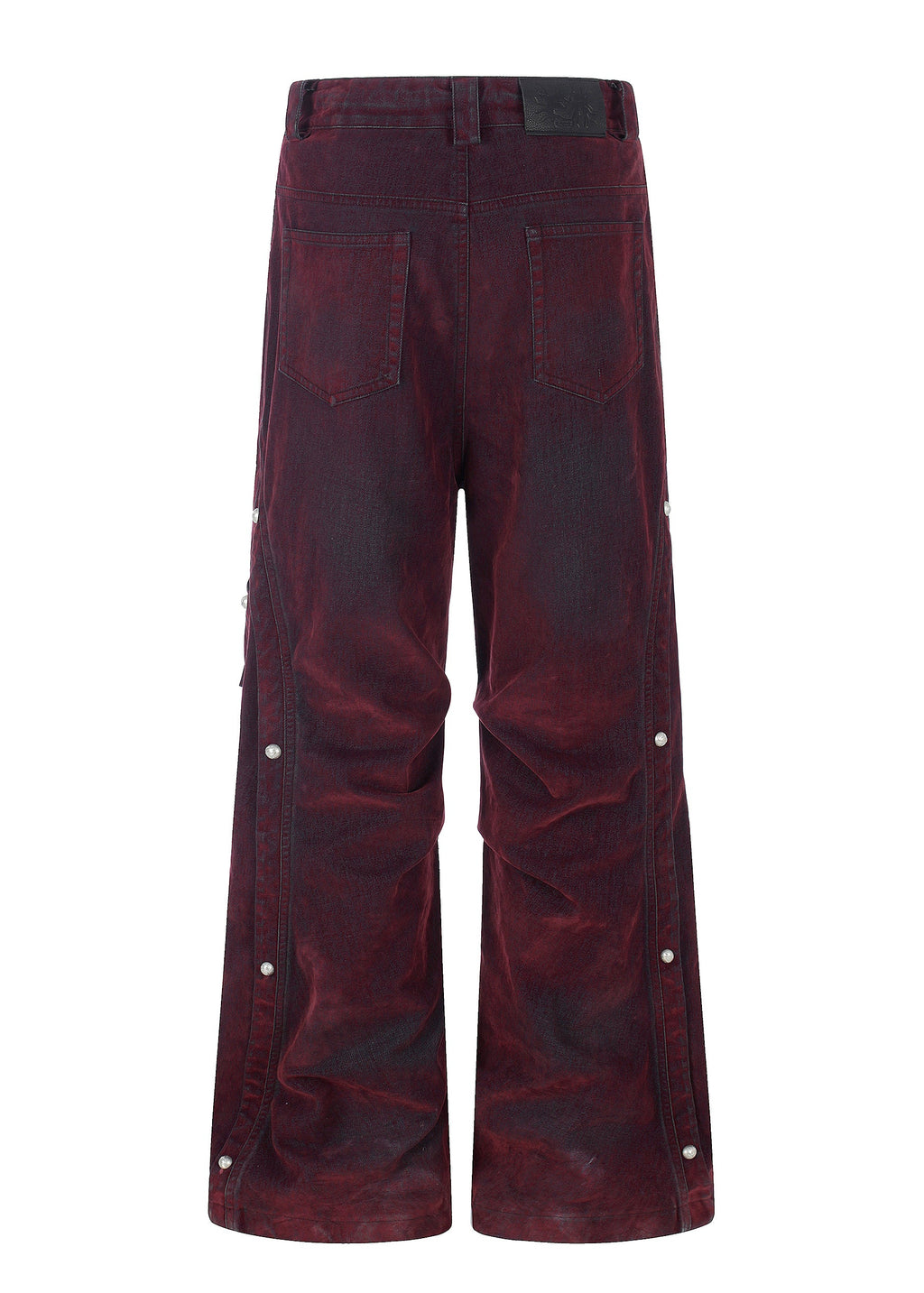 Flyerrer Vintage Washed Red Denim, Twin Flocked Structural Design Wide Leg Casual Pants FR343
