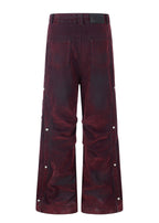 Flyerrer Vintage Washed Red Denim, Twin Flocked Structural Design Wide Leg Casual Pants FR343
