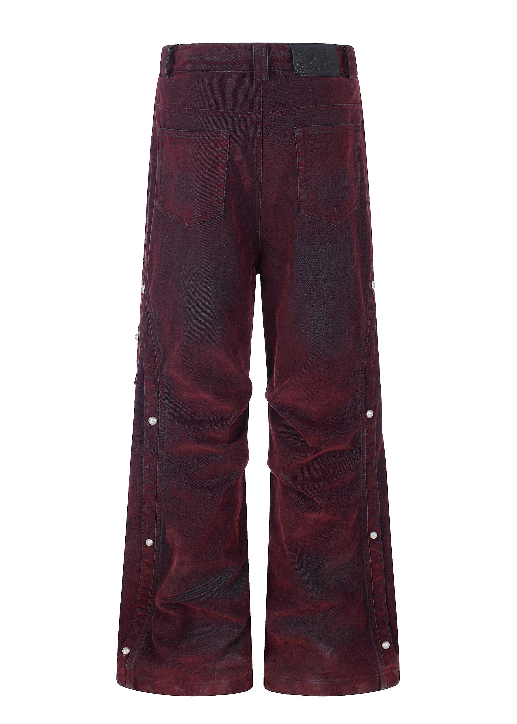 Flyerrer Vintage Washed Red Denim, Twin Flocked Structural Design Wide Leg Casual Pants FR343